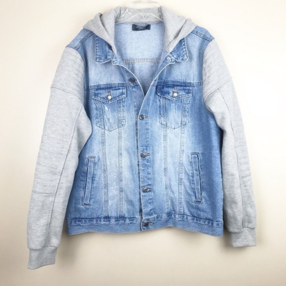 hooded denim long sleeve vest